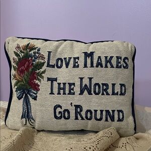 Embroidered 'Love Makes The World Go 'Round' Decorative Pillow - Cream & Navy